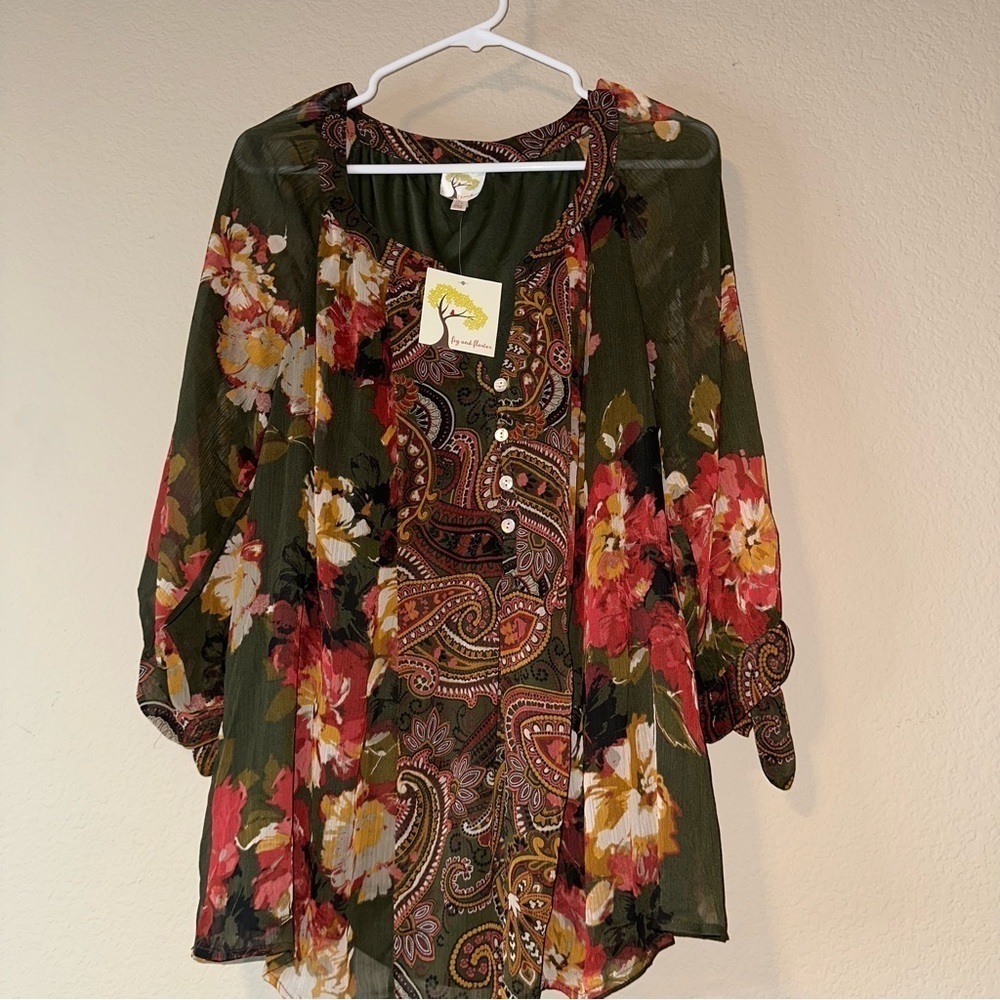 3/$25 Fig & Flower Fall Floral Sheer 3/4 Sleeves Tunic Blouse - Plus Size XXL - Picture 9 of 9